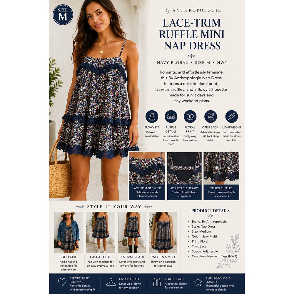 Anthropologie Lace-Trim Ruffle Mini Nap Dress Navy Floral SZM Babydoll Casual